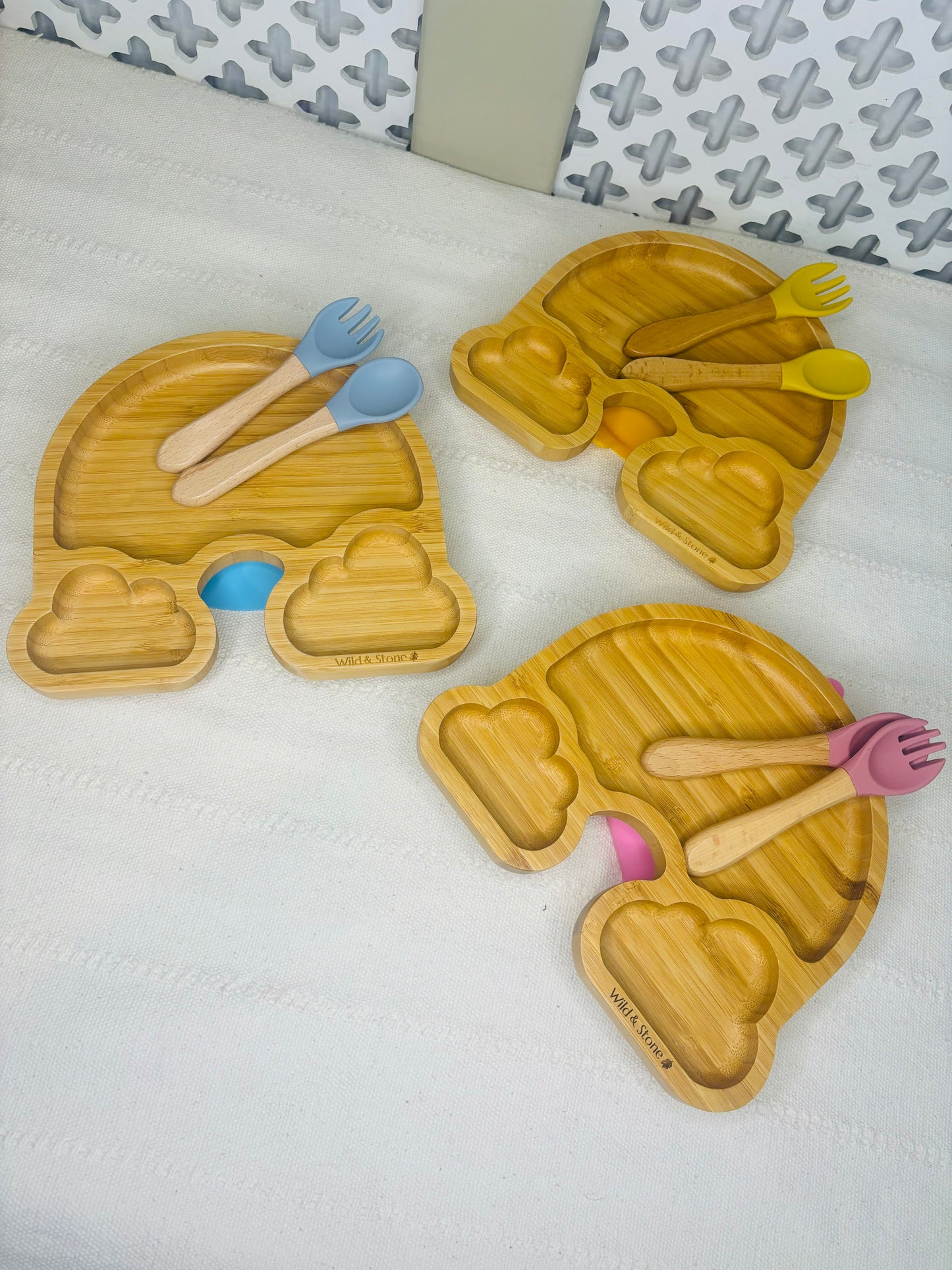 Personalised Suction Pad Bamboo Weaning Plate & Cutlery Set Rainbow